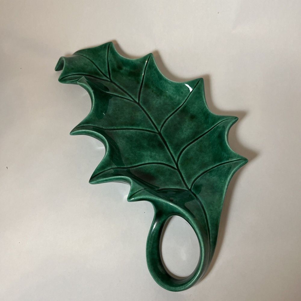 Large Vintage Green Ceramic Holly Leaf Dish Candy/Nut Dish Painted Mold 14”